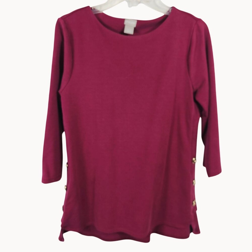 Chicos Magenta Size 1 Medium Top 3/4 Sleeve Side Button Lyocell Blend Casual